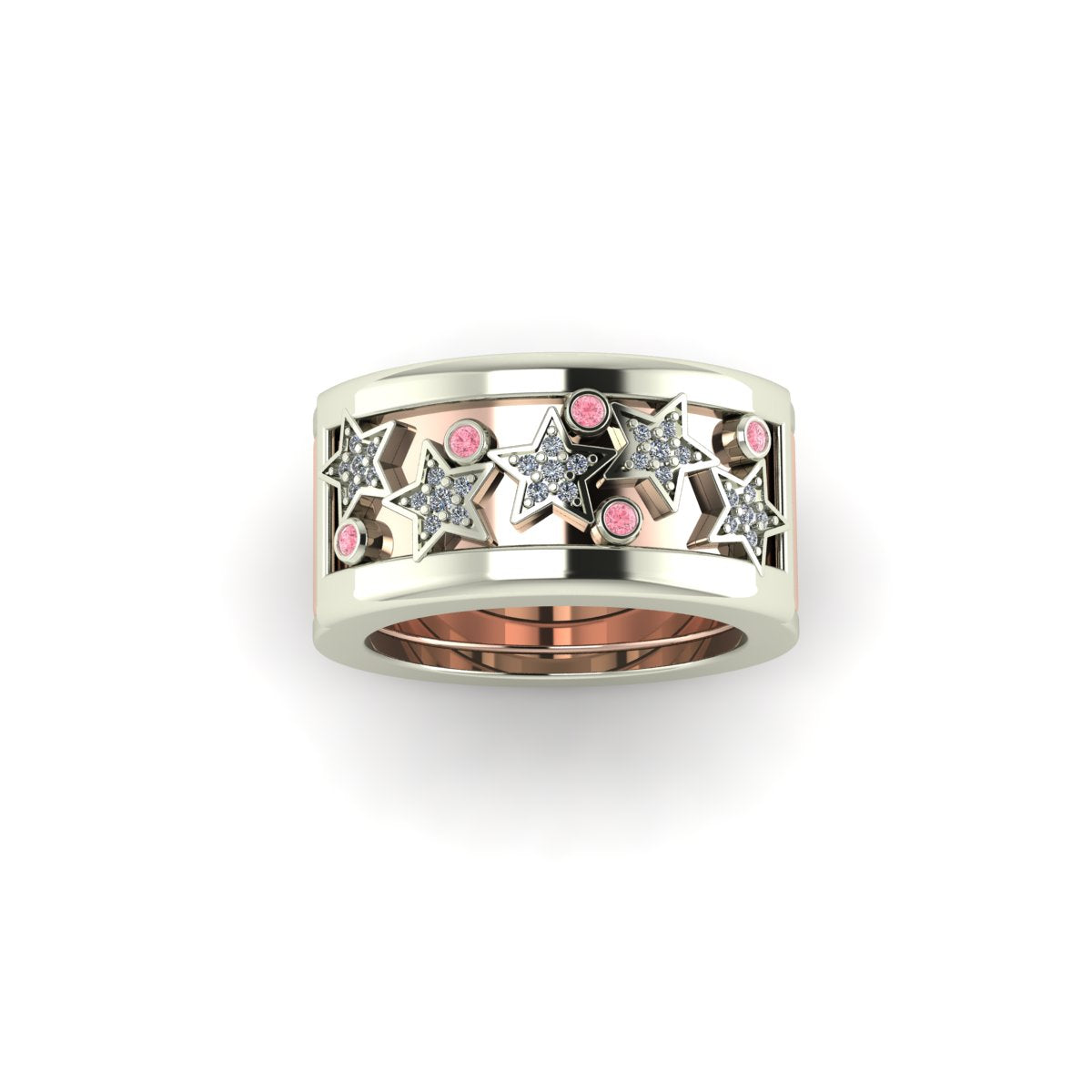 Oura ring jacket in 14 k white gold Stars Constellation With Diamonds And Pink Sapphires carati jewelry montreal