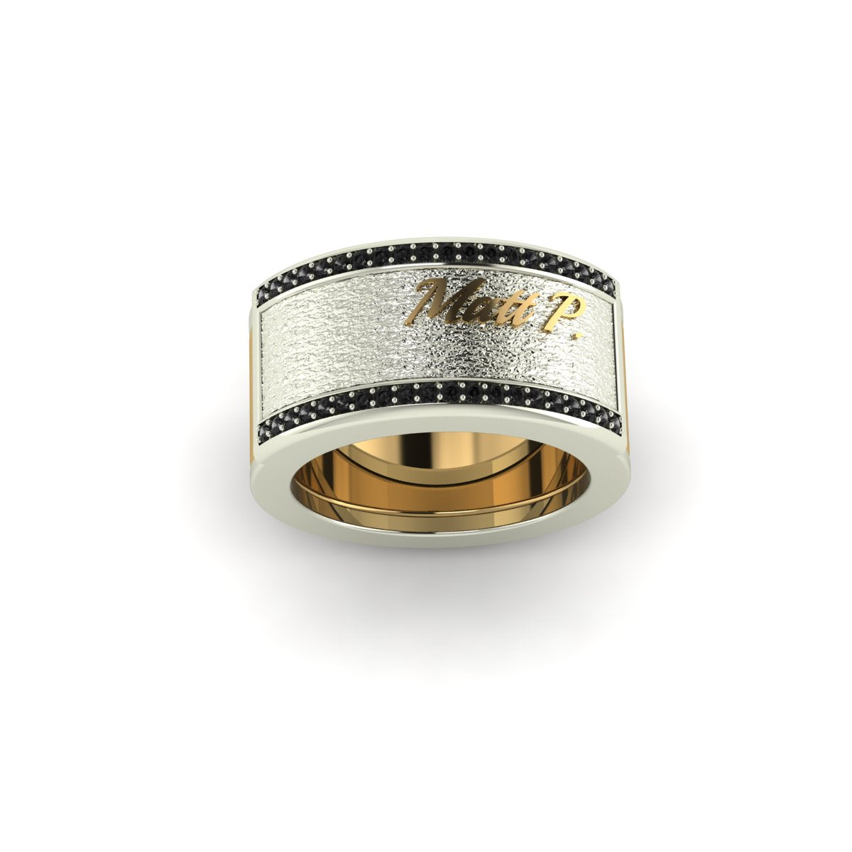 Oura ring jacket in 14 k white gold Two Tone Name For Him On Top Of A Textured With Side Black Diamonds carati jewelry montreal