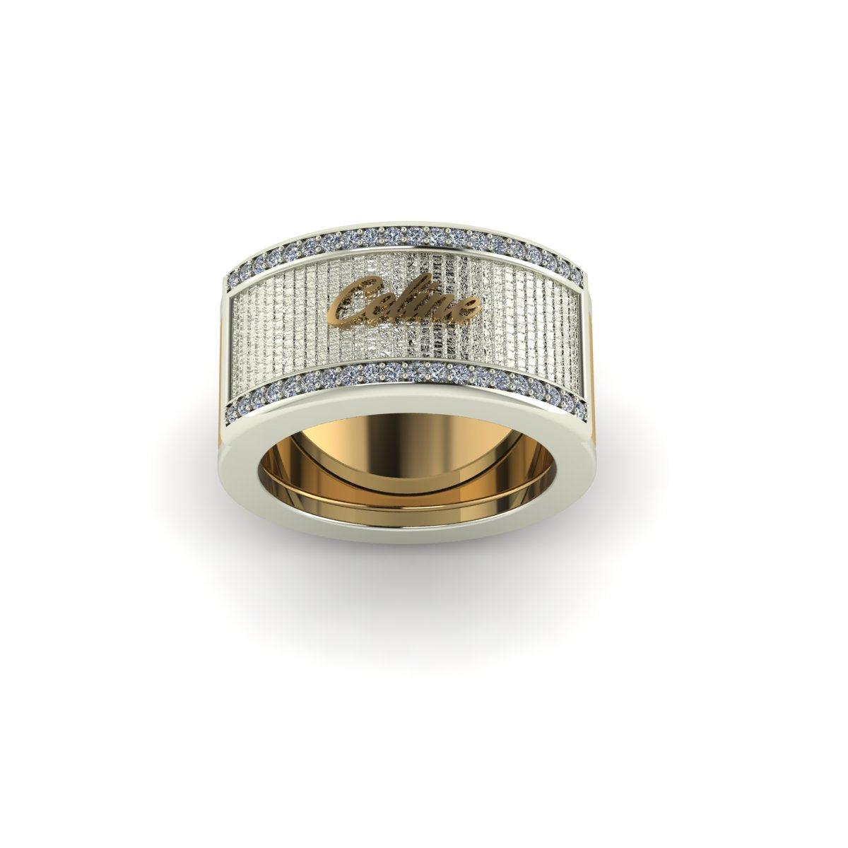 Oura ring jacket in 14 k white gold Two Tone Name For Her On Top Of A Textured With Side Diamonds carati jewelry montreal