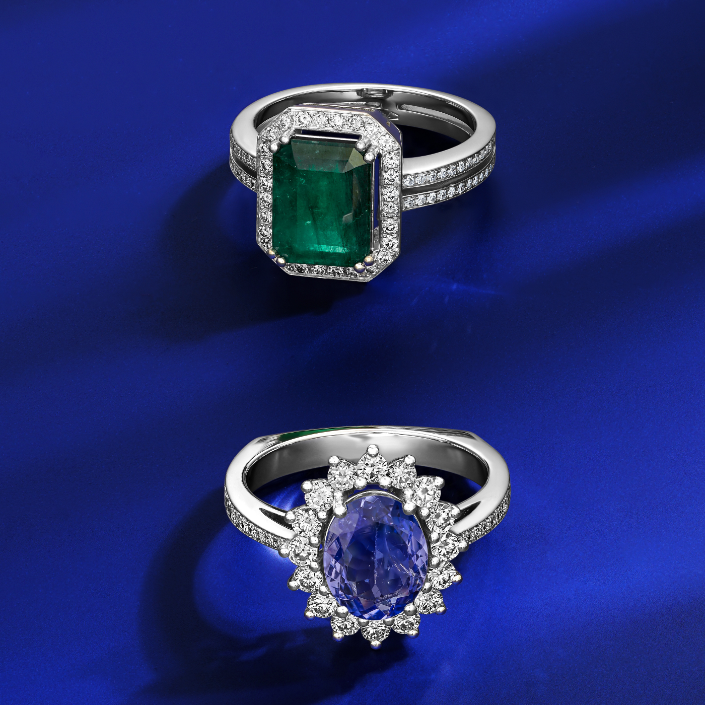 in blue backround with other An elegant engagement ring with a central oval Tanzanite stone, surrounded by a halo of sparkling diamonds, set in a white gold band designed by carati jewelry in montreal canada 14 k 18 k