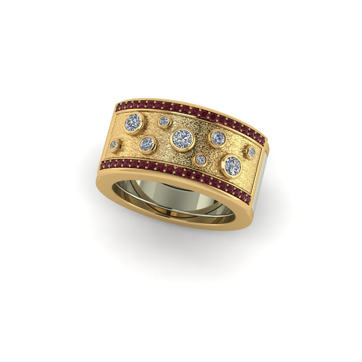 Oura ring jacket in 14 k yellow gold Bezel Clusters On Texture With Side Rose Tourmaline in side view carati jewelry montreal