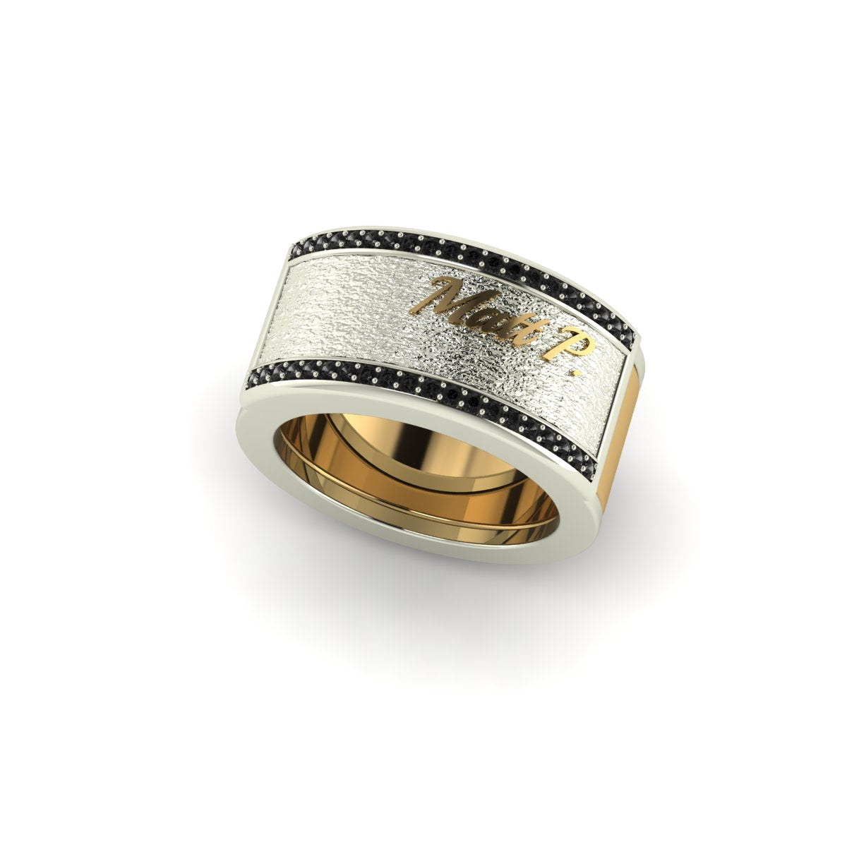 Oura ring jacket in 14 k white gold Two Tone Name For Him On Top Of A Textured With Side Black Diamonds in sideview carati jewelry montreal
