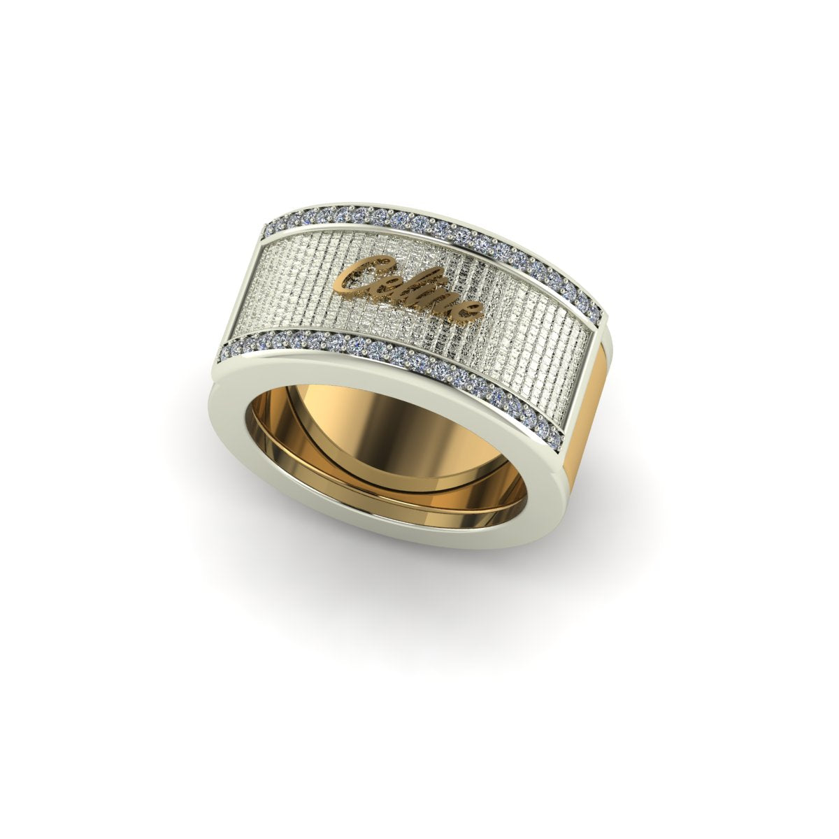 Oura ring jacket in 14 k white gold Two Tone Name For Her On Top Of A Textured With Side Diamonds in side view carati jewelry montreal