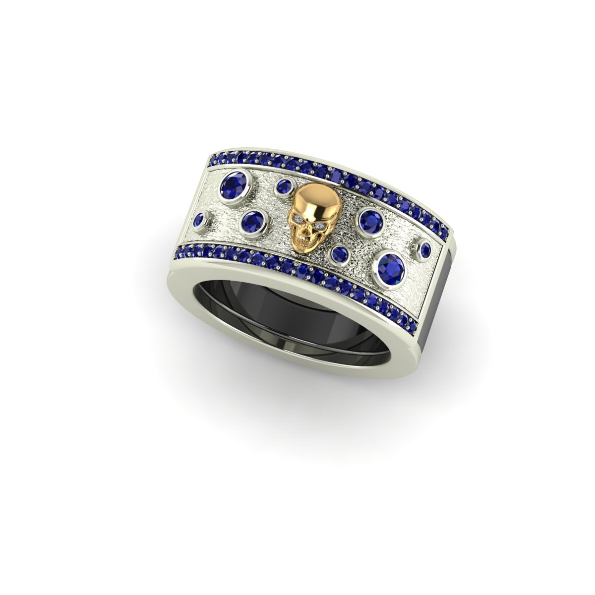 Oura ring jacket in 14 k white gold Rider Jacket Ring With Sapphires And A Skull On Textured Surface in sideview carati jewelry montreal