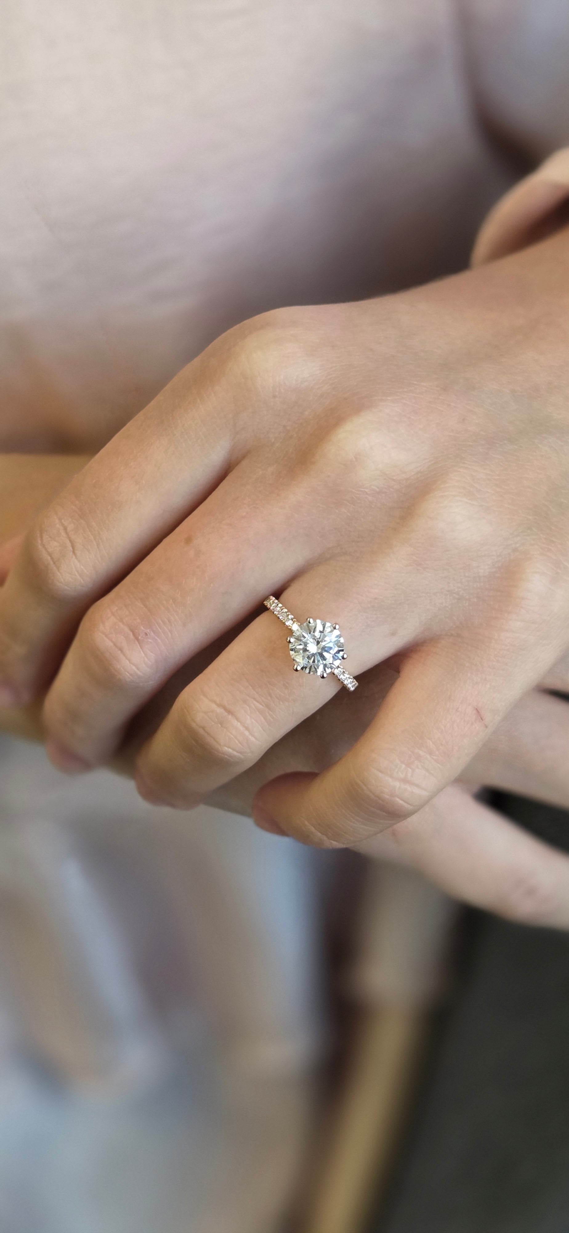 Round Engagement Ring in Two Tone Set in 6 Prongs With Diamonds On Shank