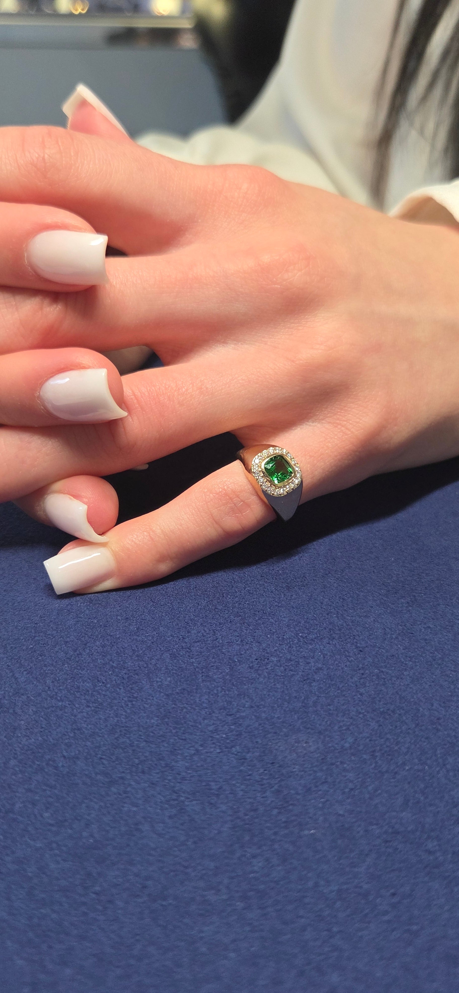 Cushion Tsavorite With Diamond Halo on Pinky Ring