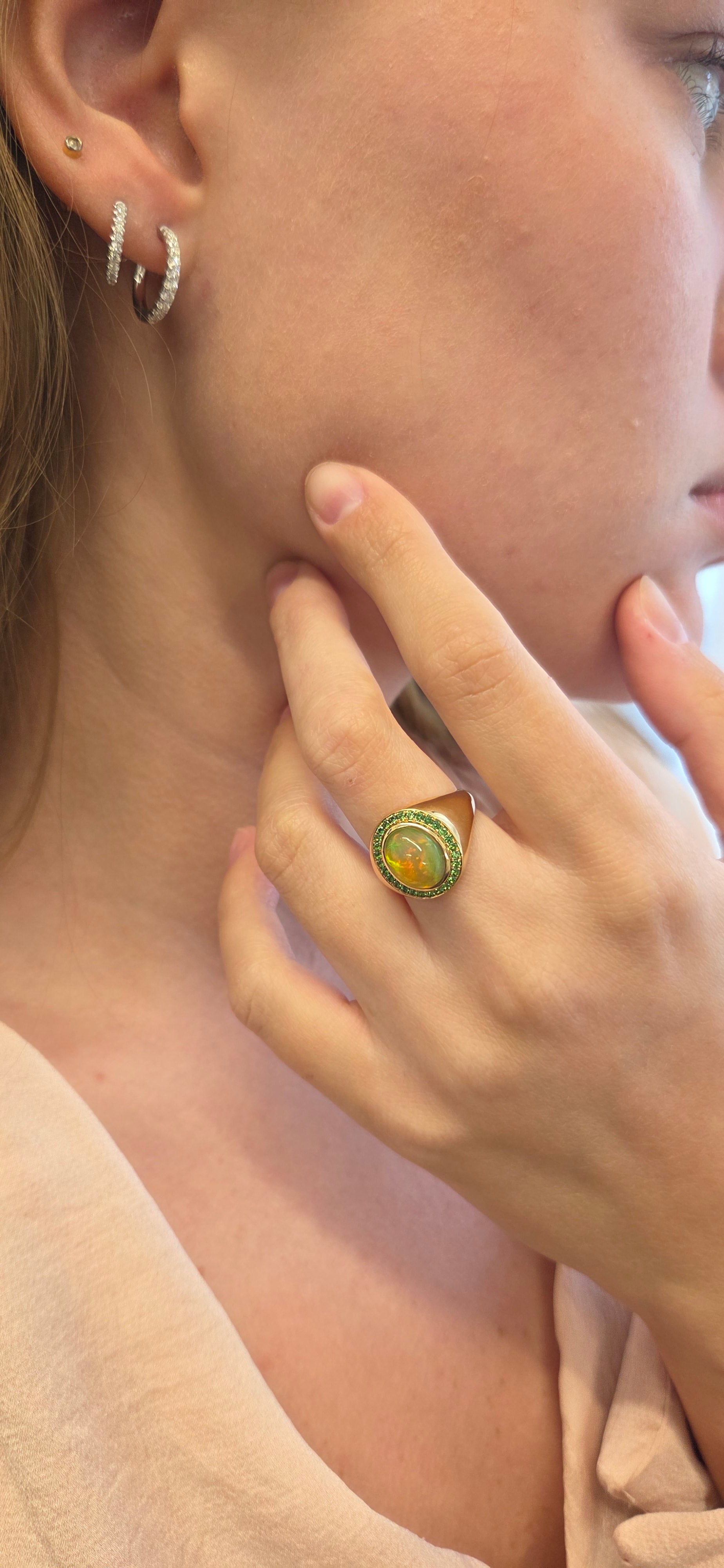 Signet Ring in Natural Opal and Tsavorite