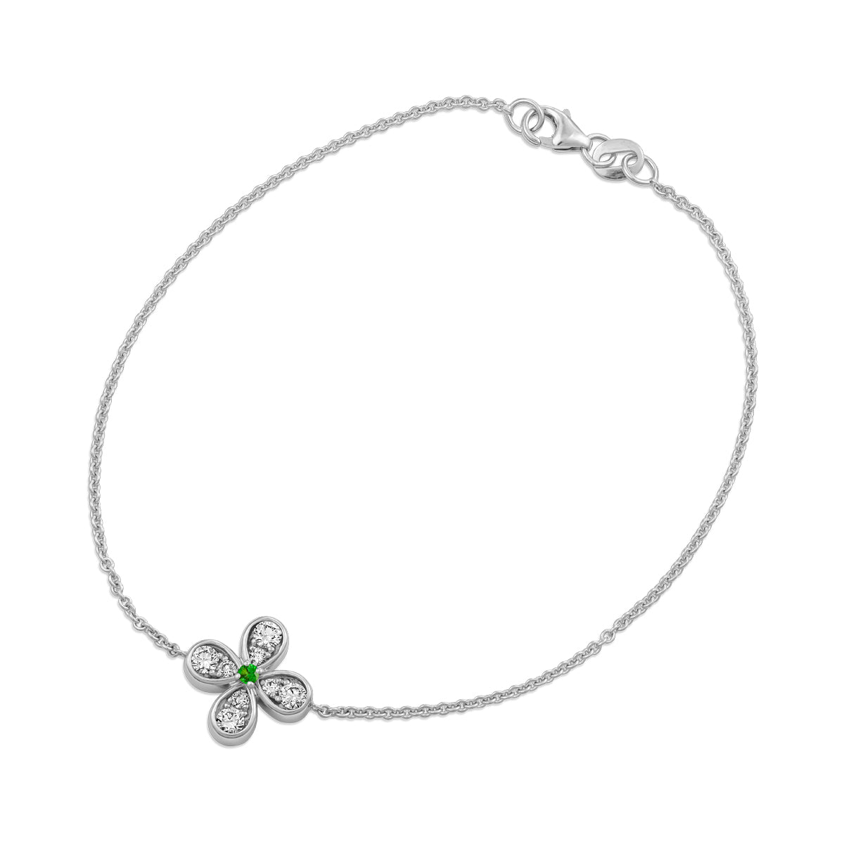 Bloom bracelet with a floral charm featuring a tzavorite center and small diamond accents designed by carati jewelry in montreal canada in 18 k 14 k