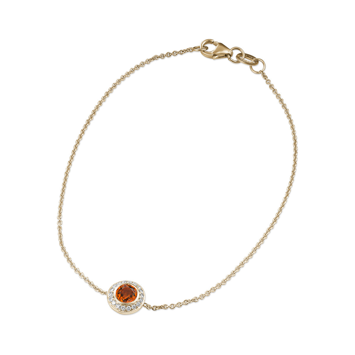 Royal Harmony Bracelet Centered Around orange sapphire set all around pave in diamonds designed by carati jewelry in montreal canada in 14 k 18 k