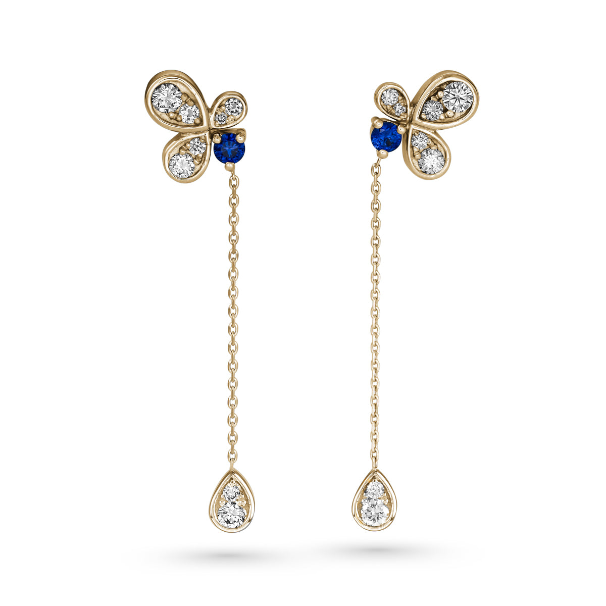 Bloom pair of earrings featuring royal blue sapphires with butterfly designs, connected to diamond-studded chains designed by carati jewelry in montreal canada in 18 k 14 k