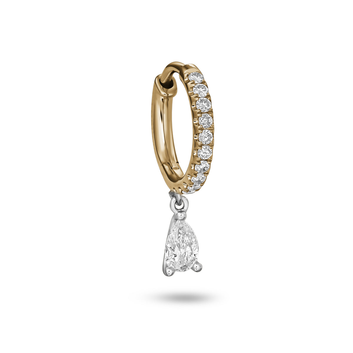 Hoop earring on one side with a pear diamond hanging on it designed by carati jewelry in montreal canada in 18 k 14 k in 2 tone high end jewelry