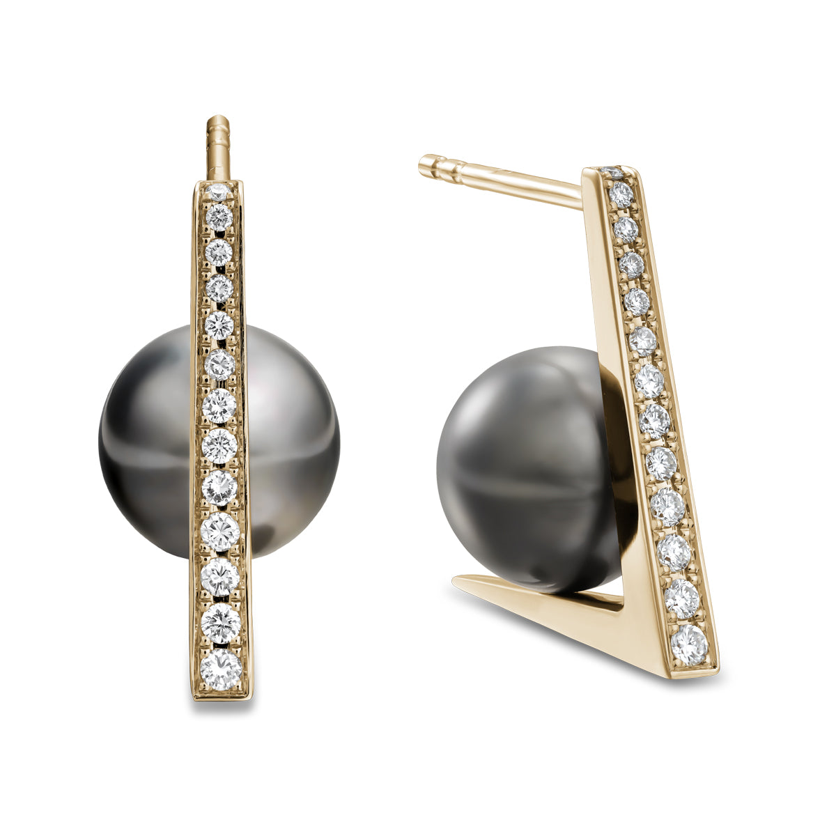 Elle Tahitian Pearl Earring with pave set diamonds is designed by carati jewelry in Montreal Canada in 18k 14k