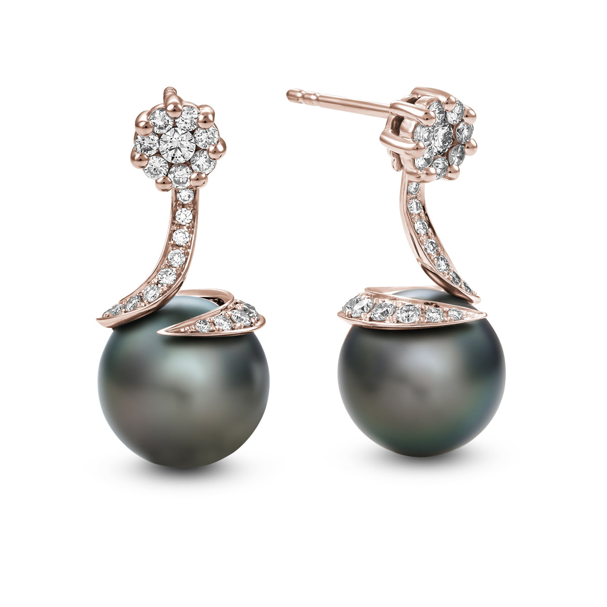 Spirale earrings with natural tahitian pearl with pave set diamonds in spirale design ,designed by carati jewelry montreal canada 18 k 14 k