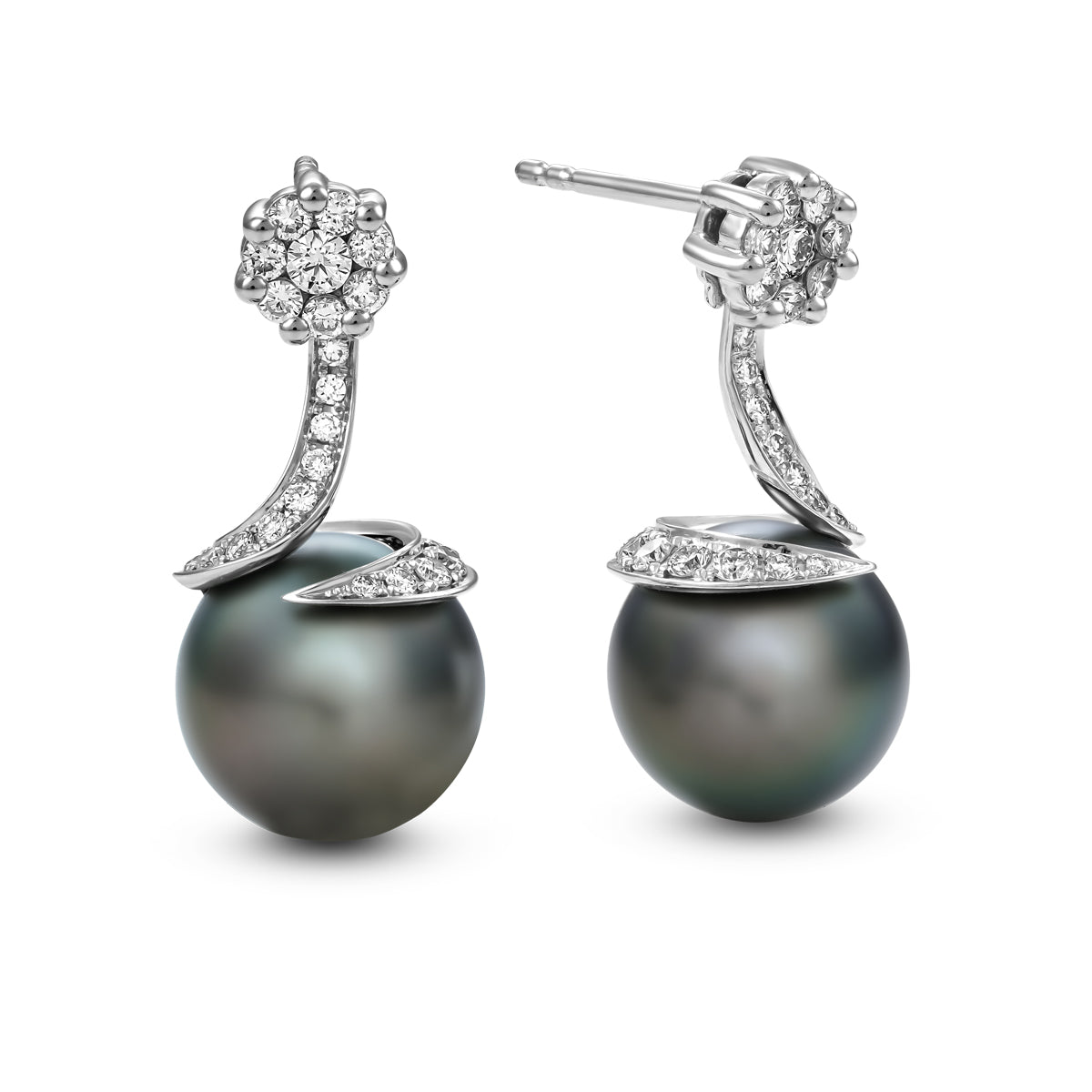 Spirale earrings with natural tahitian pearl with pave set diamonds in spirale design ,designed by carati jewelry montreal canada 18 k 14 k