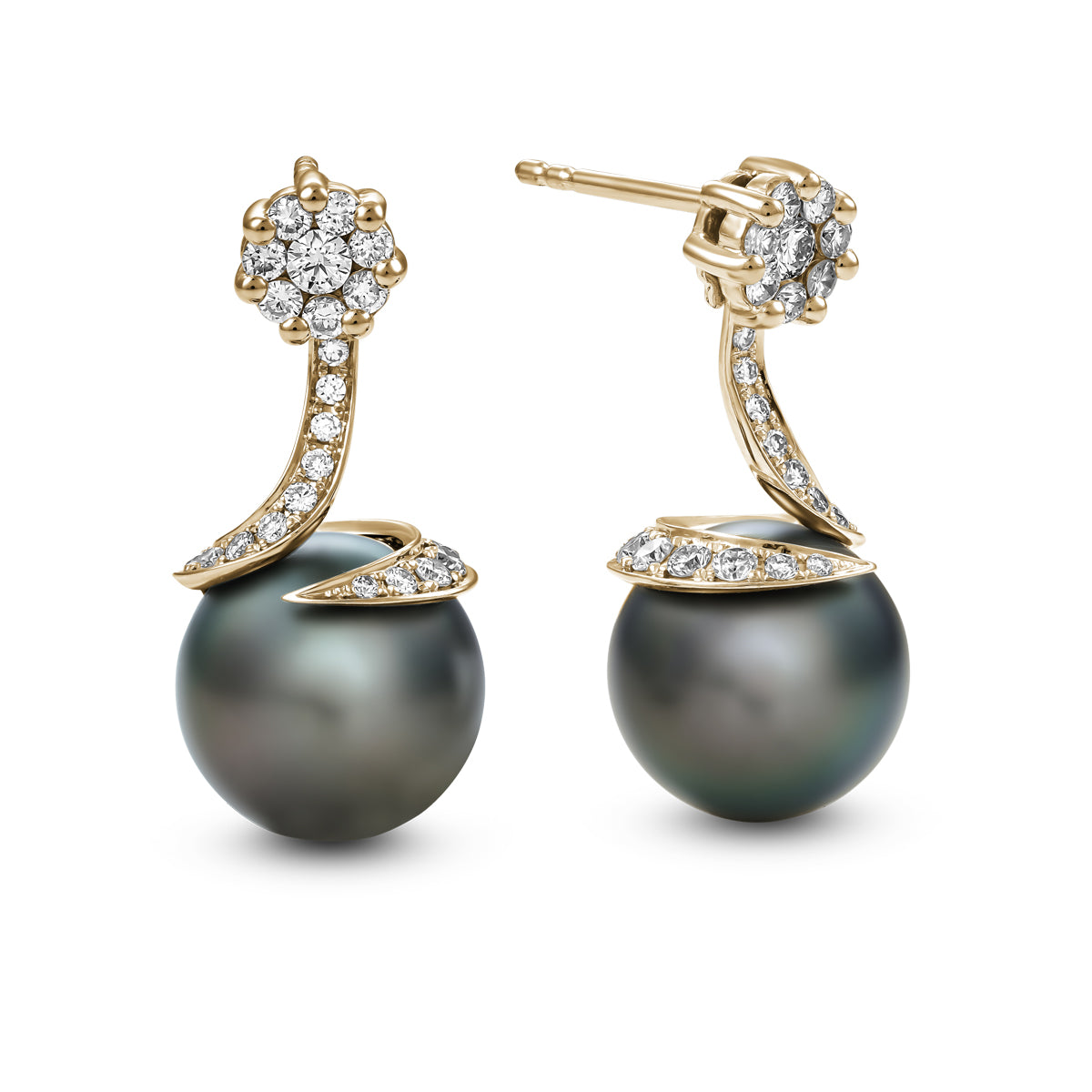 Spirale earrings with natural tahitian pearl with pave set diamonds in spirale design ,designed by carati jewelry montreal canada 18 k 14 k