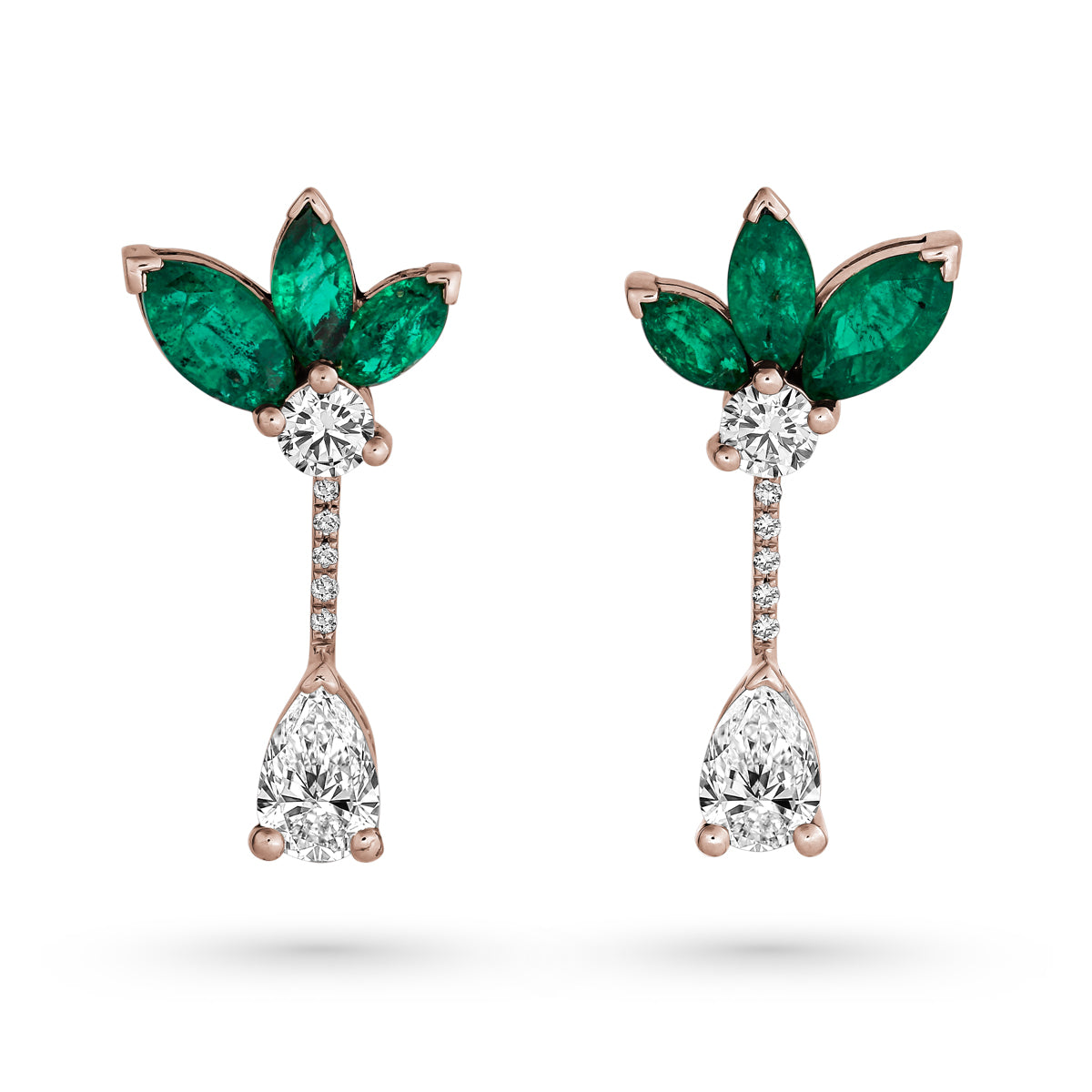 Majesty earrings with marquise Emeralds and a pear diamond is designed by carati jewelry in Montreal Canada in 14k 18k