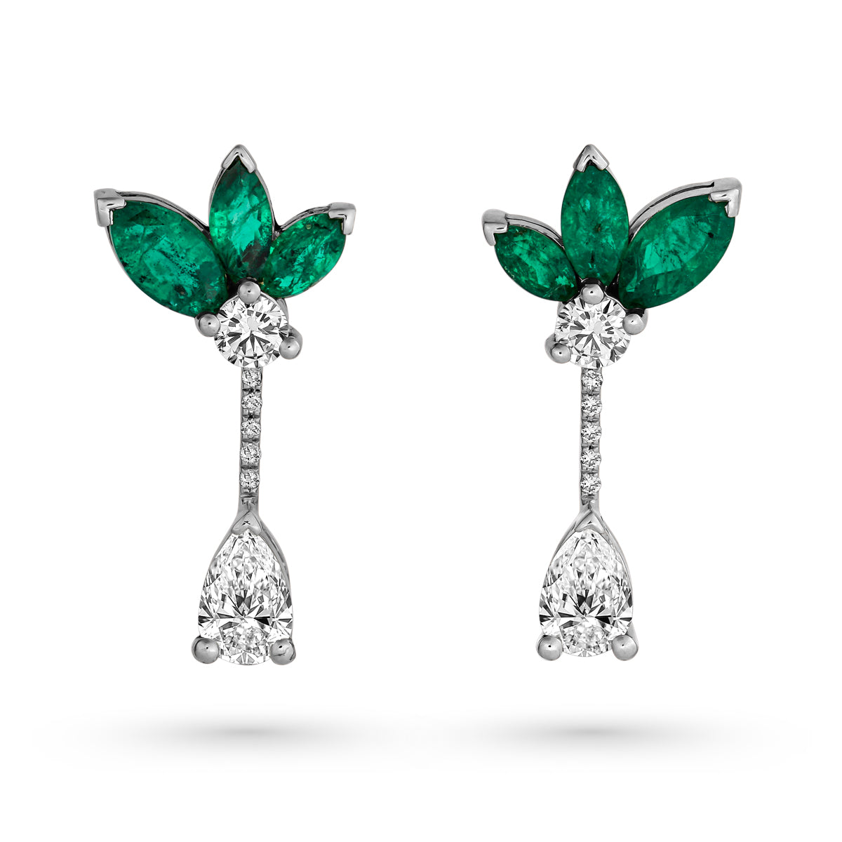 Majesty earrings with marquise Emeralds and a pear diamond is designed by carati jewelry in Montreal Canada in 14k 18k