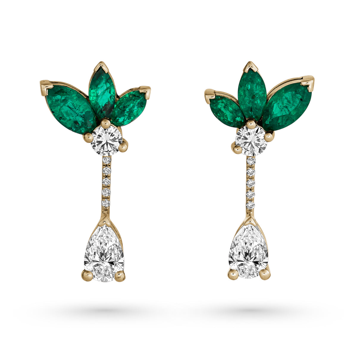 Majesty earrings with marquise Emeralds and a pear diamond is designed by carati jewelry in Montreal Canada in 14k 18k