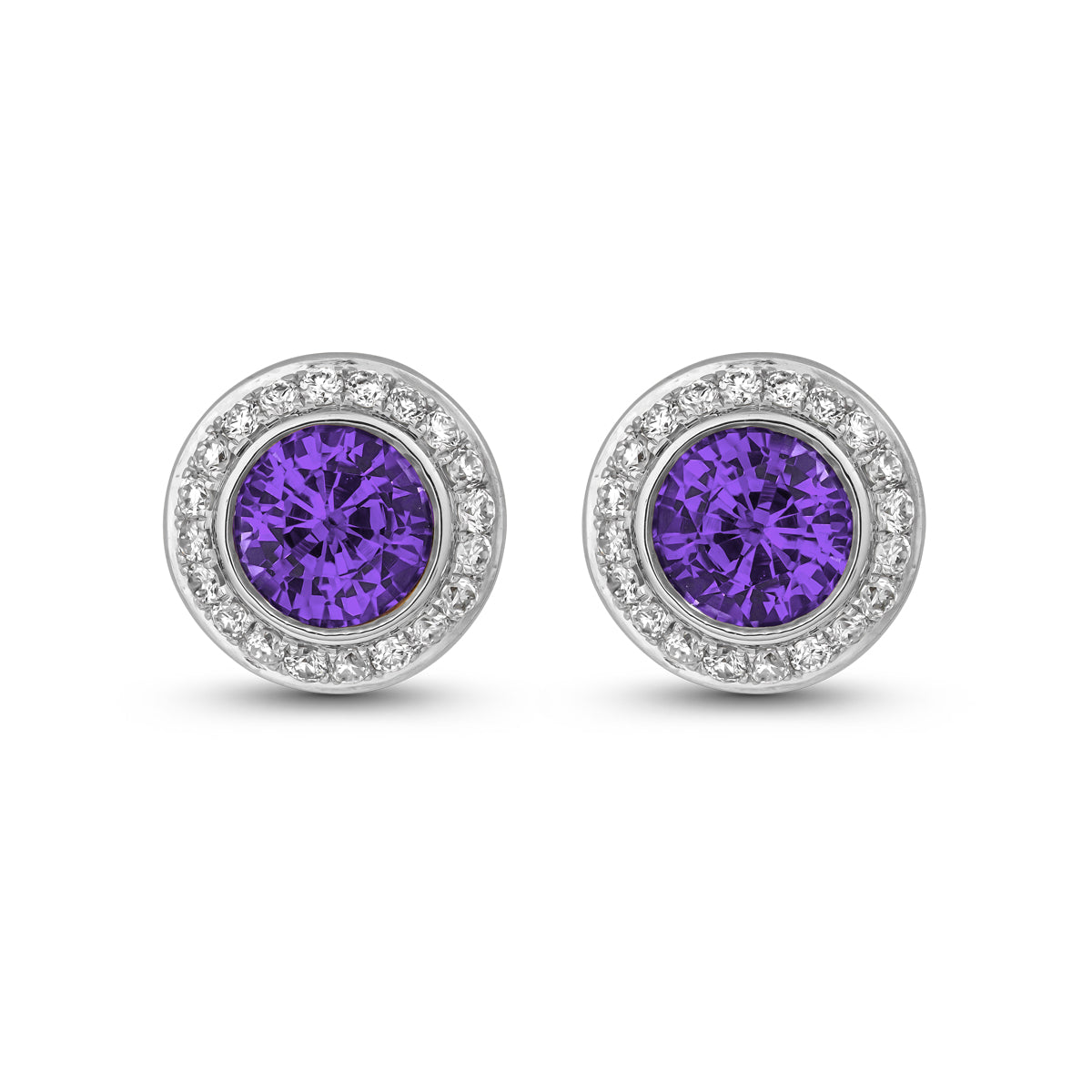 Royal Harmony earring Centered Around a stunning purple sapphire set all around pave in diamonds designed by carati jewelry in montreal canada in 14 k 18 k