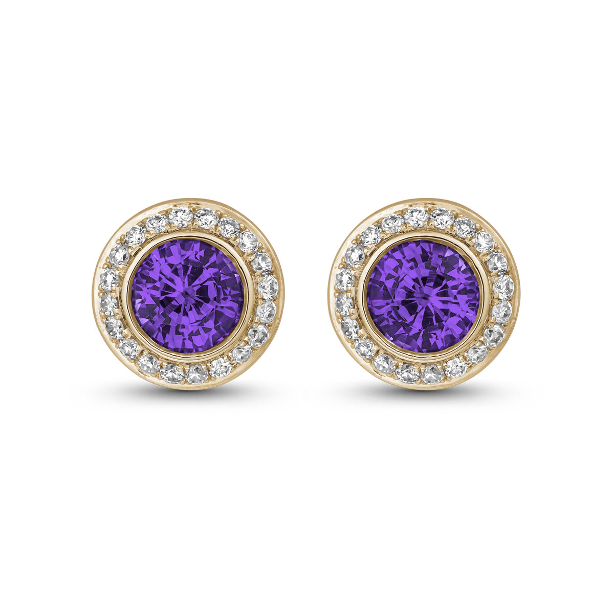 Royal Harmony earring Centered Around a stunning purple sapphire set all around pave in diamonds designed by carati jewelry in montreal canada in 14 k 18 k