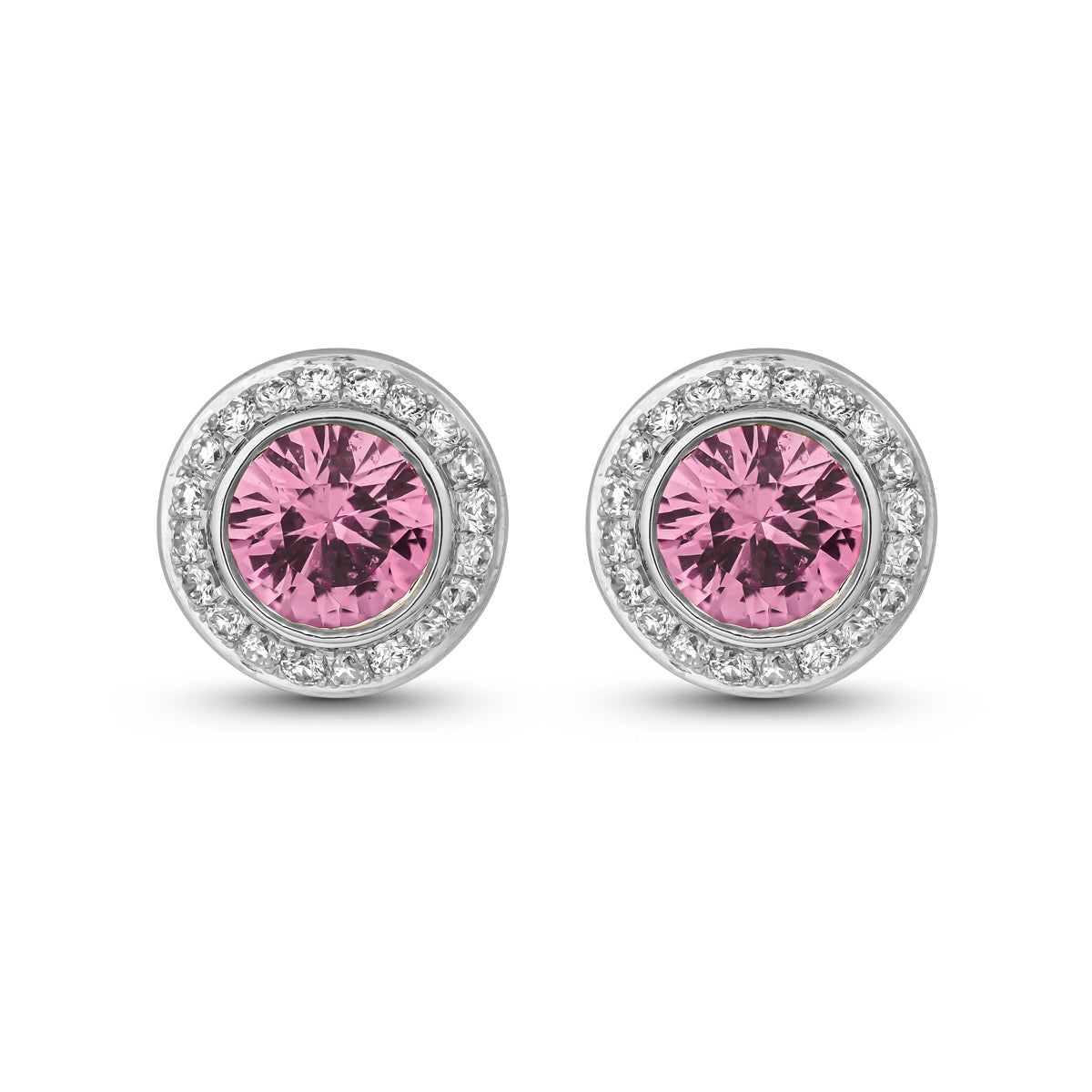 Royal Harmony earring Centered Around a stunning pink sapphire set all around pave in diamonds designed by carati jewelry in montreal canada in 14 k 18 k