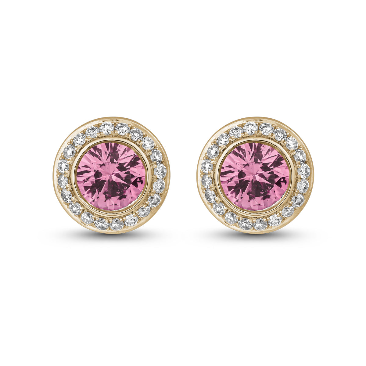 Royal Harmony earring Centered Around a stunning pink sapphire set all around pave in diamonds designed by carati jewelry in montreal canada in 14 k 18 k