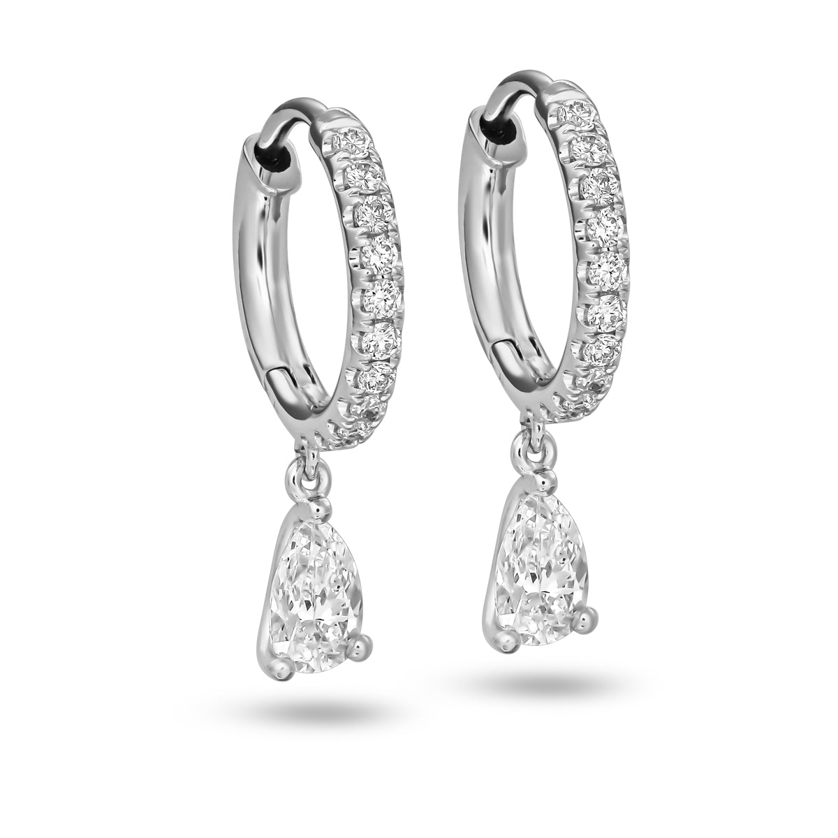 full Hoops earring set in diamonds with a pear diamond hanging from it designed by carati jewelry montreal canada 18 k 14k