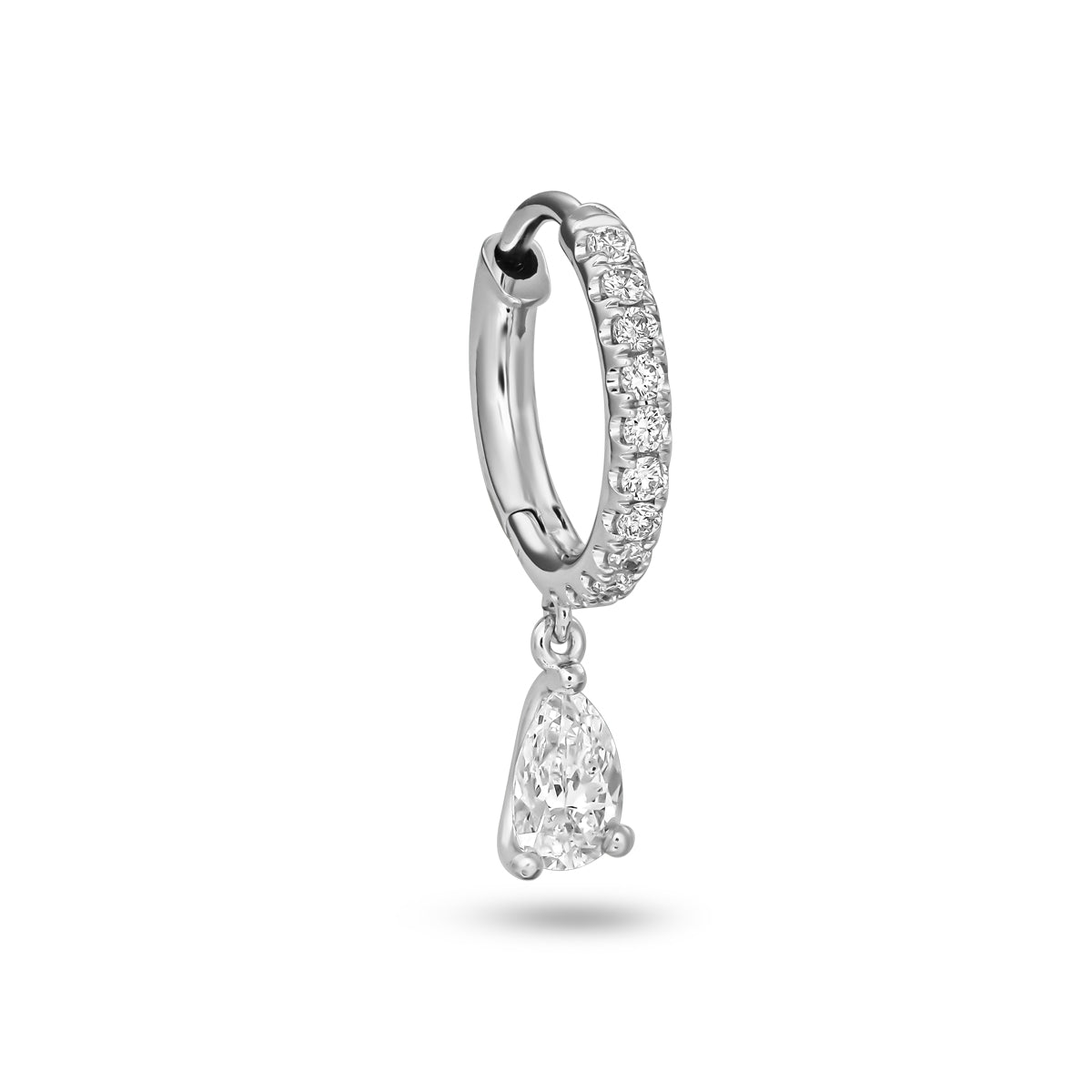 Hoop earring on one side with a pear diamond hanging on it designed by carati jewelry in montreal canada in 18 k 14 k in 2 tone high end jewelry