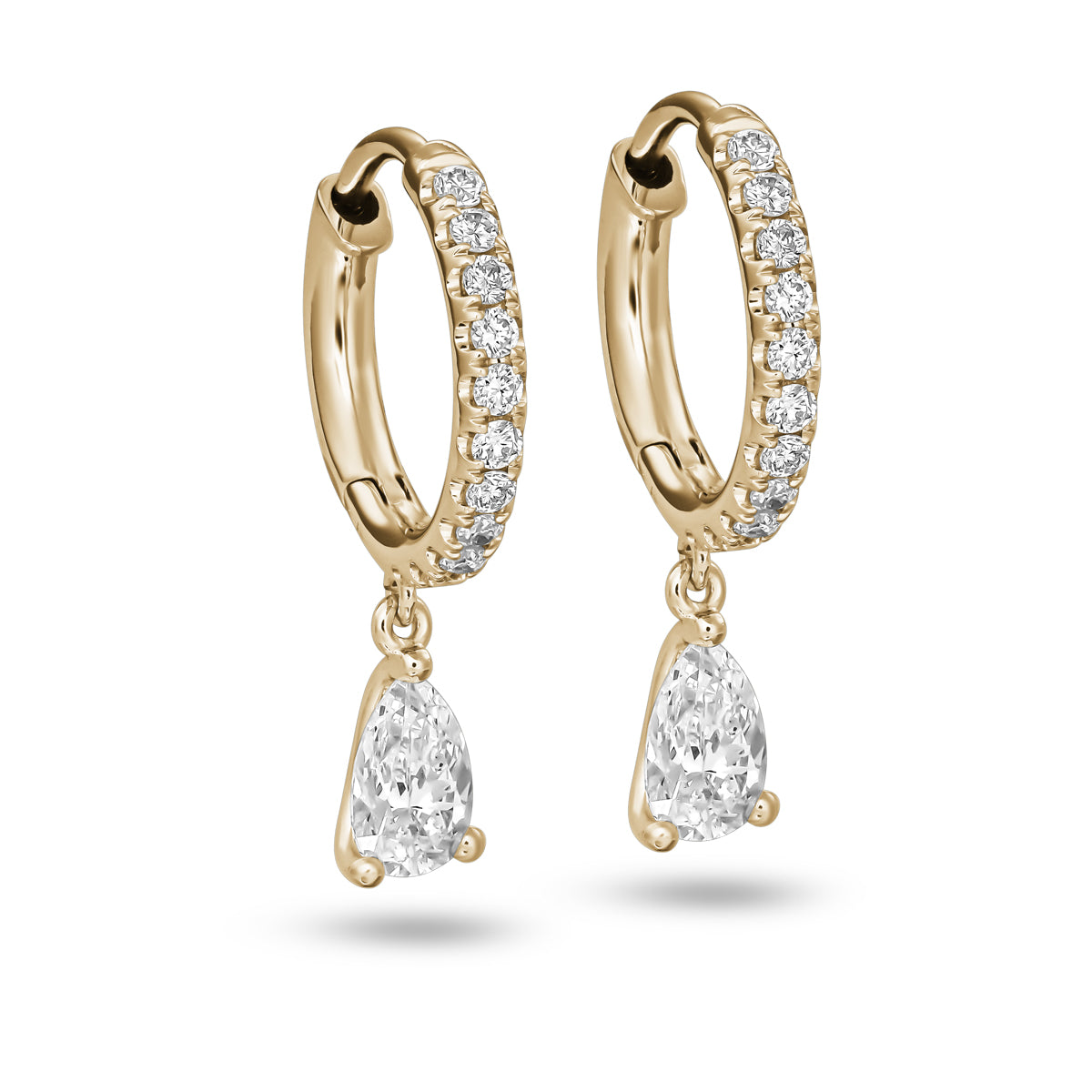 full Hoops earring set in diamonds with a pear diamond hanging from it designed by carati jewelry montreal canada 18 k 14k