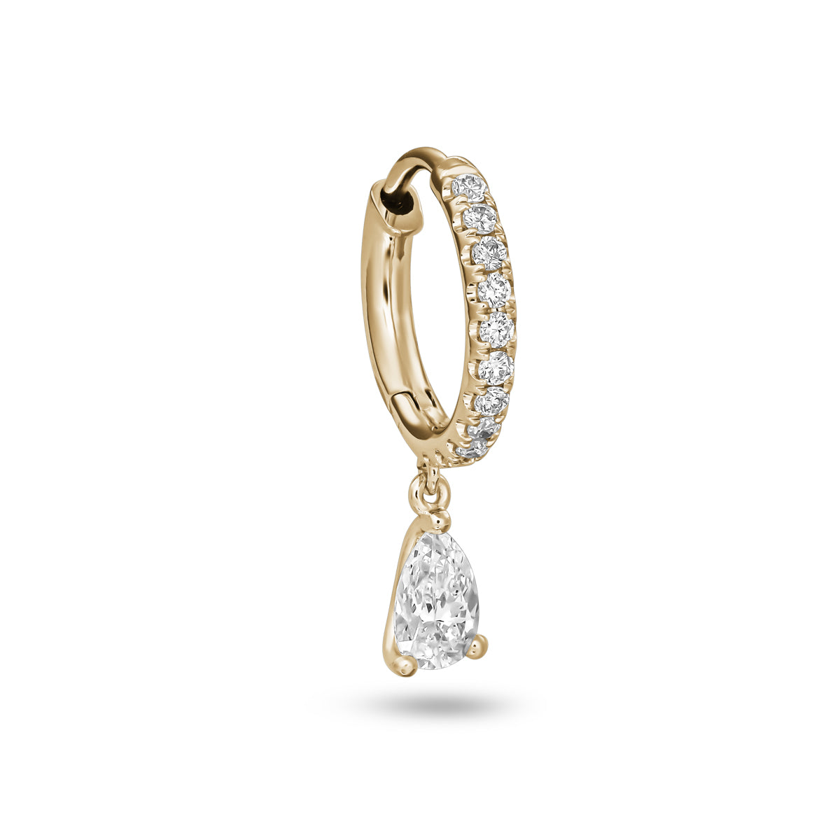Hoops earring set in diamonds with a pear diamond hanging from it designed by carati jewelry montreal canada 18 k 14k