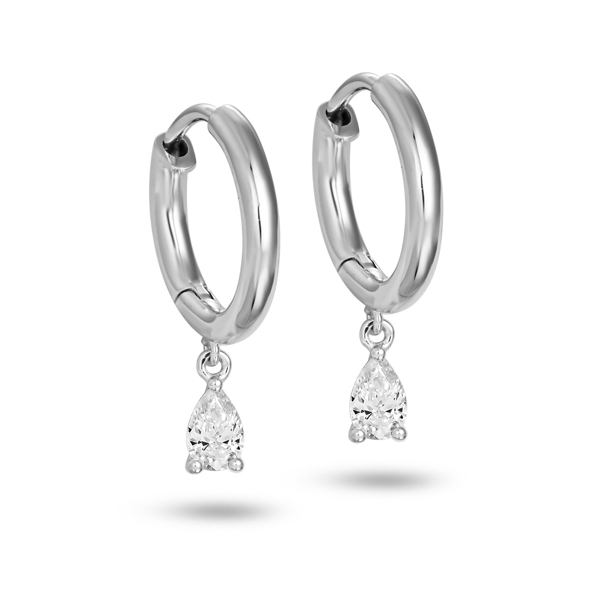 full plain one side Hoops earring set in diamonds with a pear diamond hanging from it designed by carati jewelry montreal canada 18 k 14k
