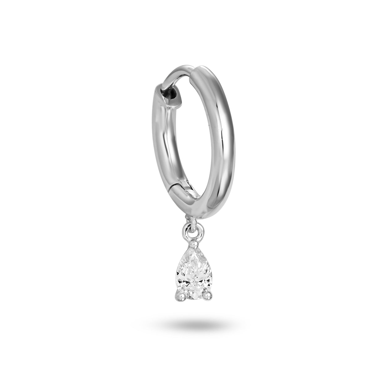 plain one side Hoops earring set in diamonds with a pear diamond hanging from it designed by carati jewelry montreal canada 18 k 14k