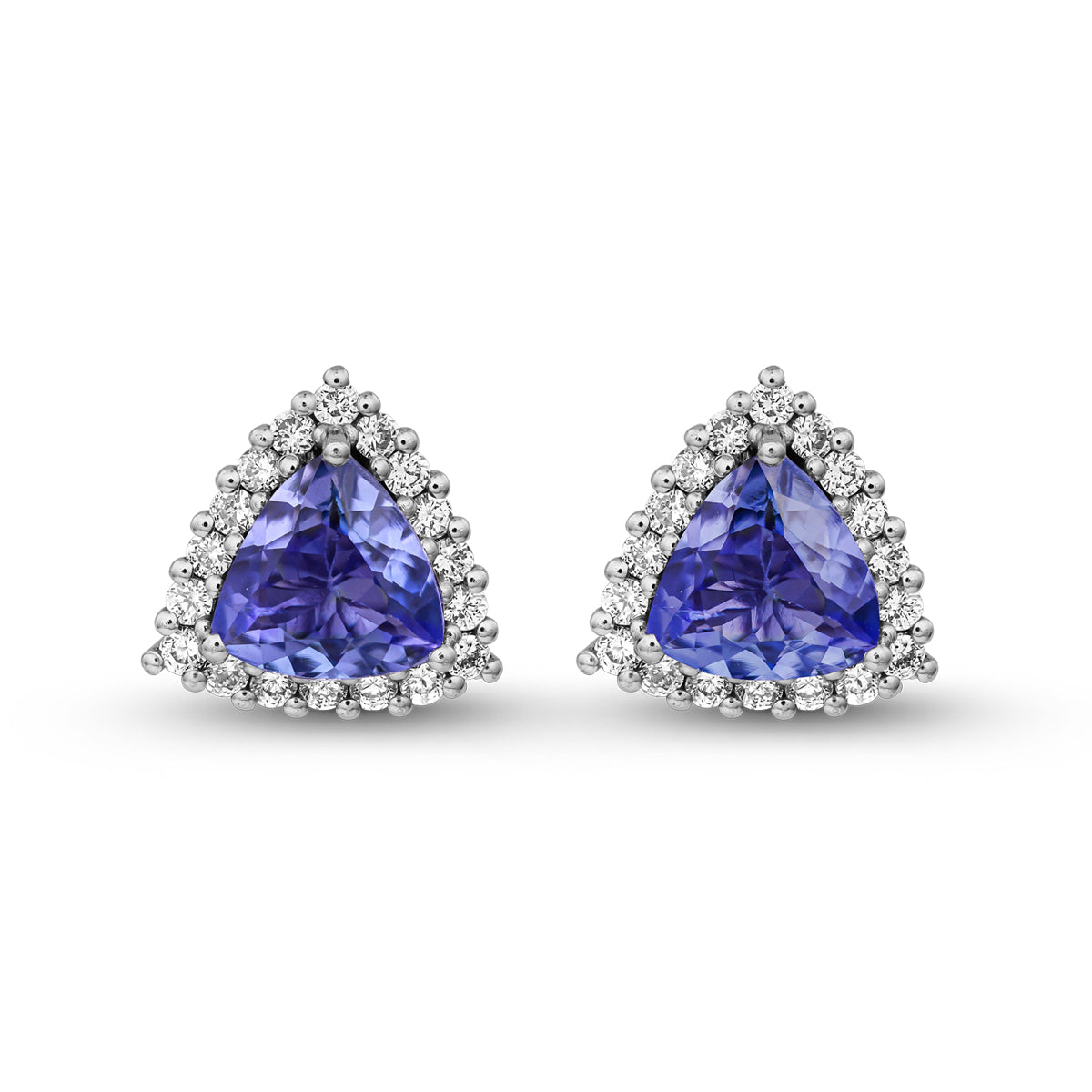 A pair of trillion-shaped tanzanite earrings surrounded by a halo of sparkling diamonds in sophisticated spark designed by carati jewelry in montreal canada in 18 k 14 k