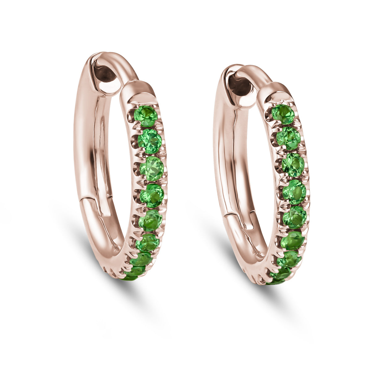 A pair of small gold hoop earrings with tsavorite accents from carati jewelry 14k 18 k montreal canada