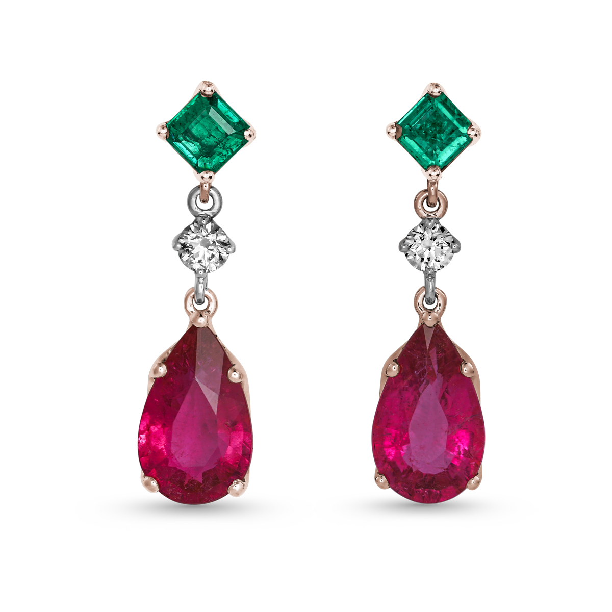 Aurora Rouge Earring In Two Tone Set With Tourmaline And Emerald