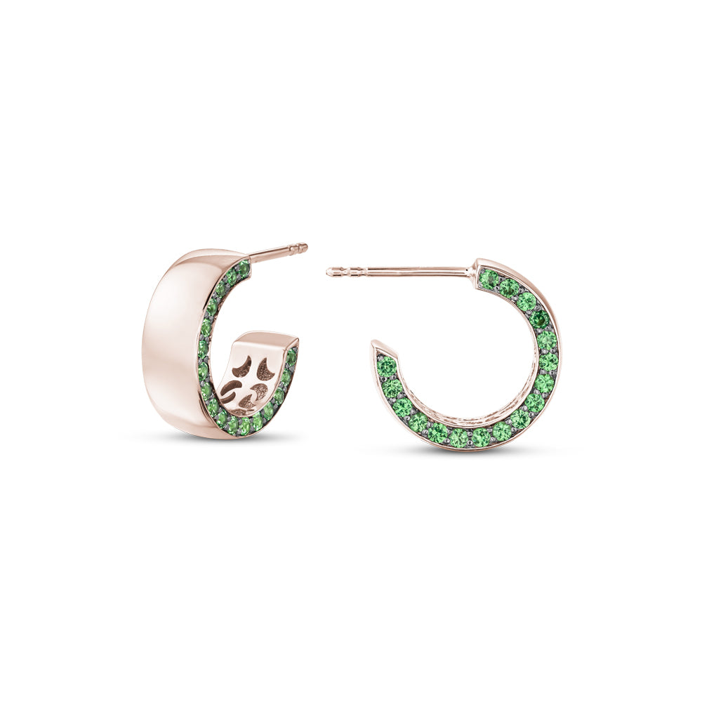 14 k rose gold earring pave set with tsavorites on one side designed by carati jewelry montreal