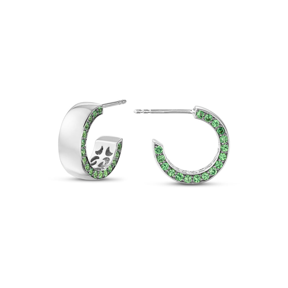 14 k white gold earring pave set with tsavorites on one side designed by carati jewelry montreal