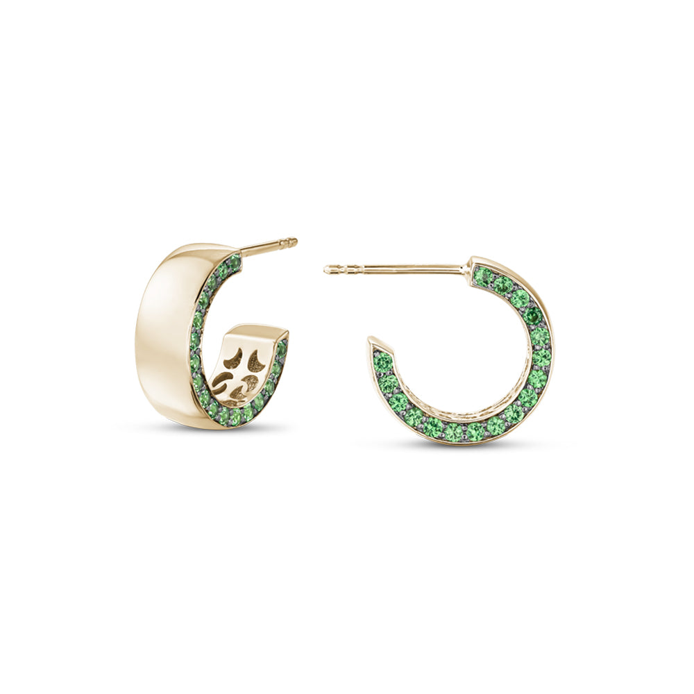 14 k yellow gold earring pave set with tsavorites on one side designed by carati jewelry montreal
