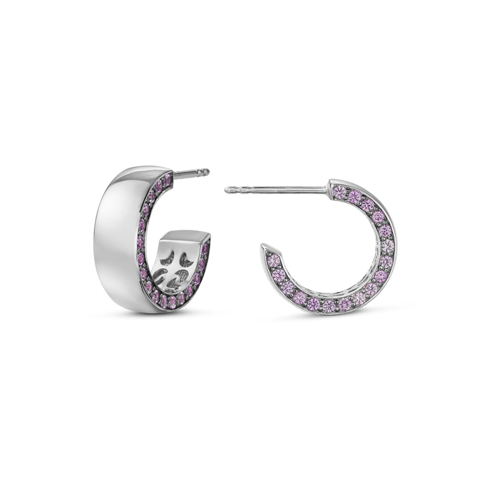 14 k white gold earring pave set with pink sapphires on one side designed by carati jewelry montreal
