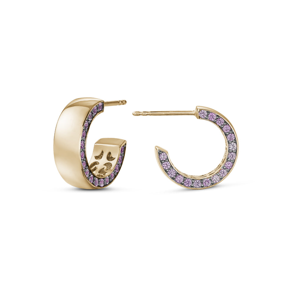 14 k yellow gold earring pave set with pink sapphires on one side designed by carati jewelry montreal