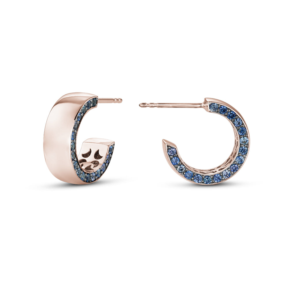 14 k rose gold earring pave set with blue sapphires on one side designed by carati jewelry montreal
