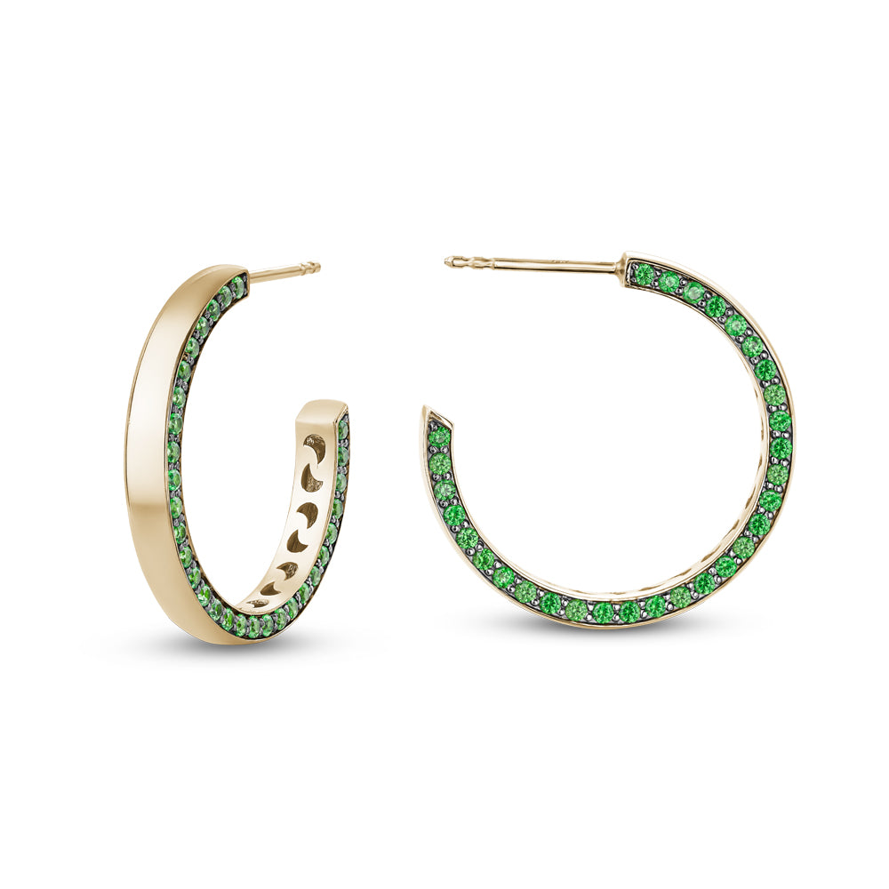 14 k yellow gold big eclipse earring set with grenn tsavorites on one side designed carati jewelry montreal