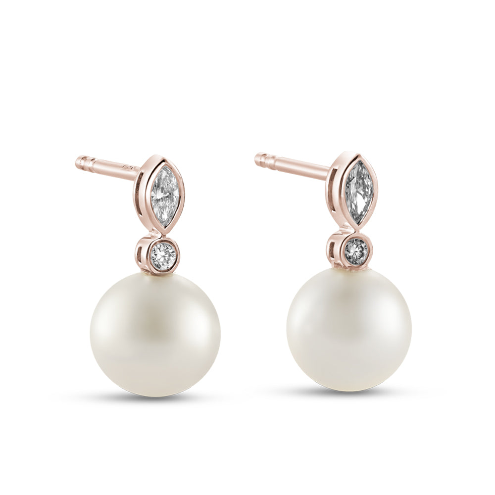 Canadian made 14 k 18 k rose gold Akoya pearl earring accent by marquise and round diamond Carati jewelry montreal