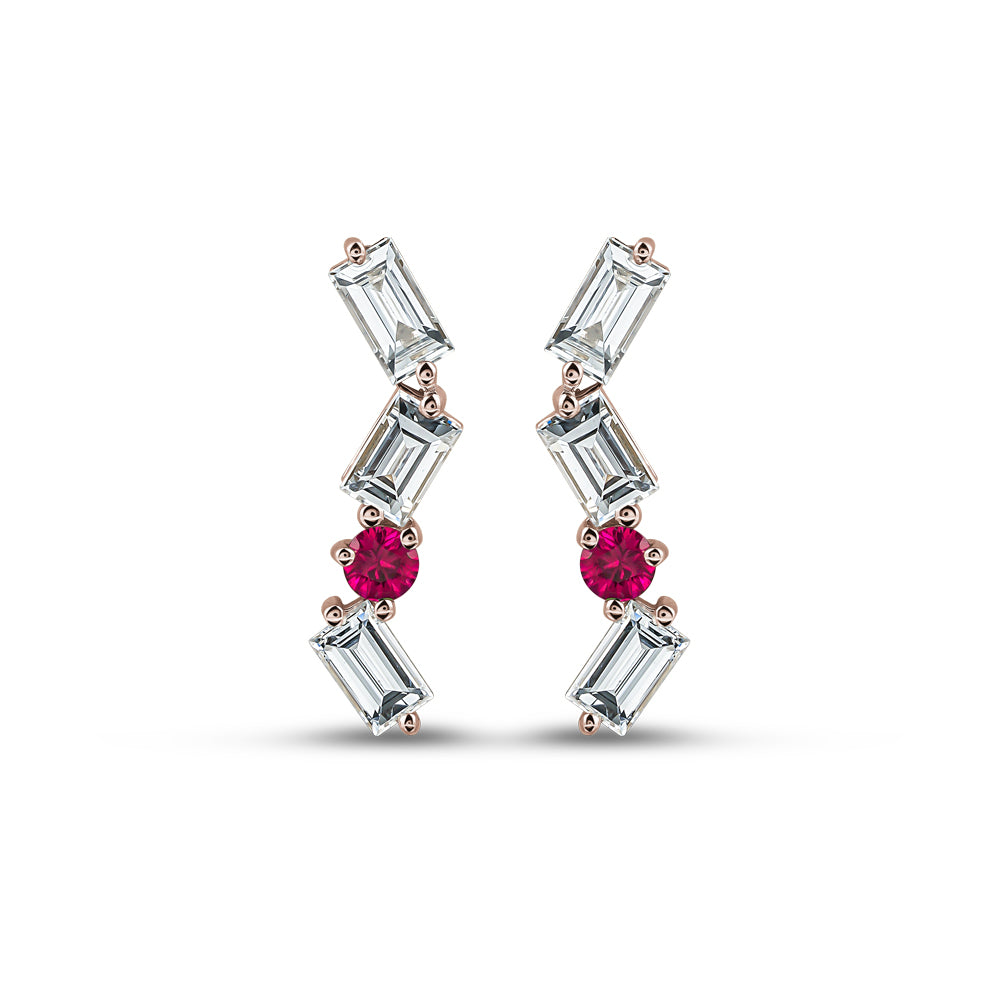 18 K rose GOLD CASCADE EARRING WITH BAGUETTES And round ruby carati jewelry montreal