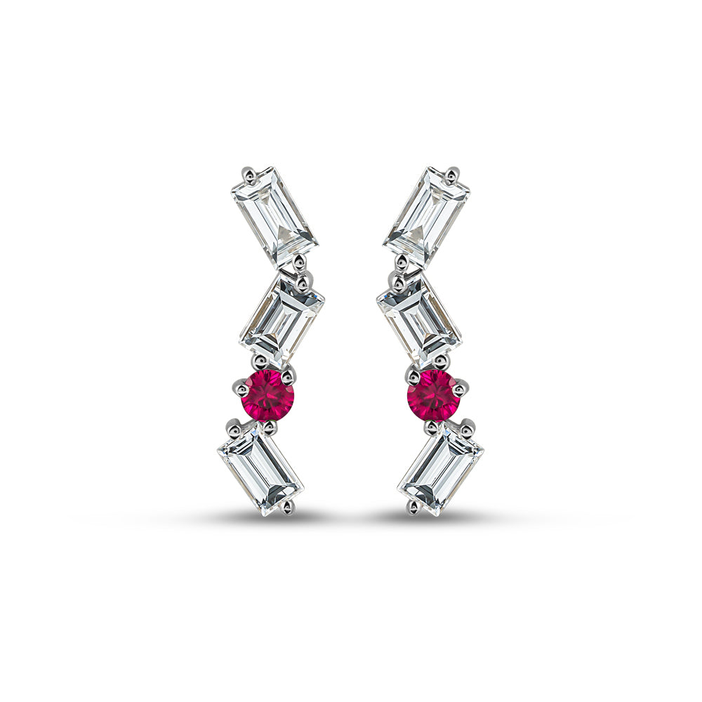 18 K WHITE GOLD CASCADE EARRING WITH BAGUETTES And round ruby carati jewelry montreal