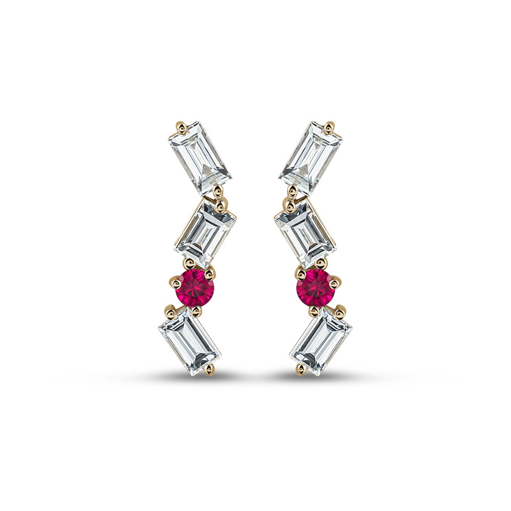 18 K yellow GOLD CASCADE EARRING WITH BAGUETTES And round ruby carati jewelry montreal