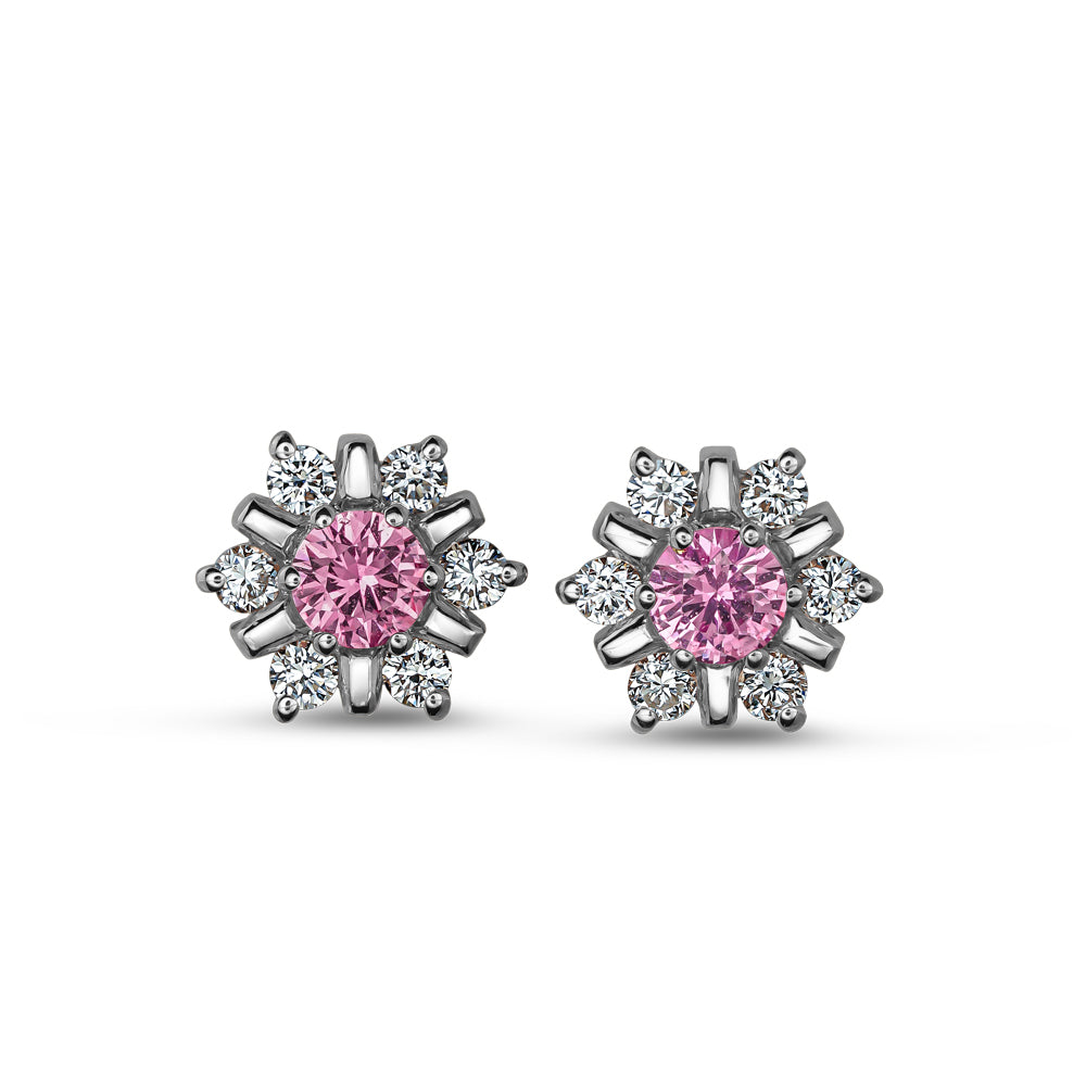 18 K WHITE GOLD snowflake design set center a pink sapphire and surrounded in diamonds carati jewelry montreal