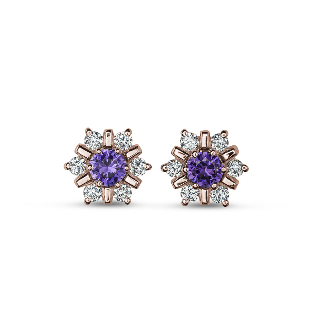 18 K rose GOLD snowflake design set center a purple sapphire and surrounded in diamonds carati jewelry montreal