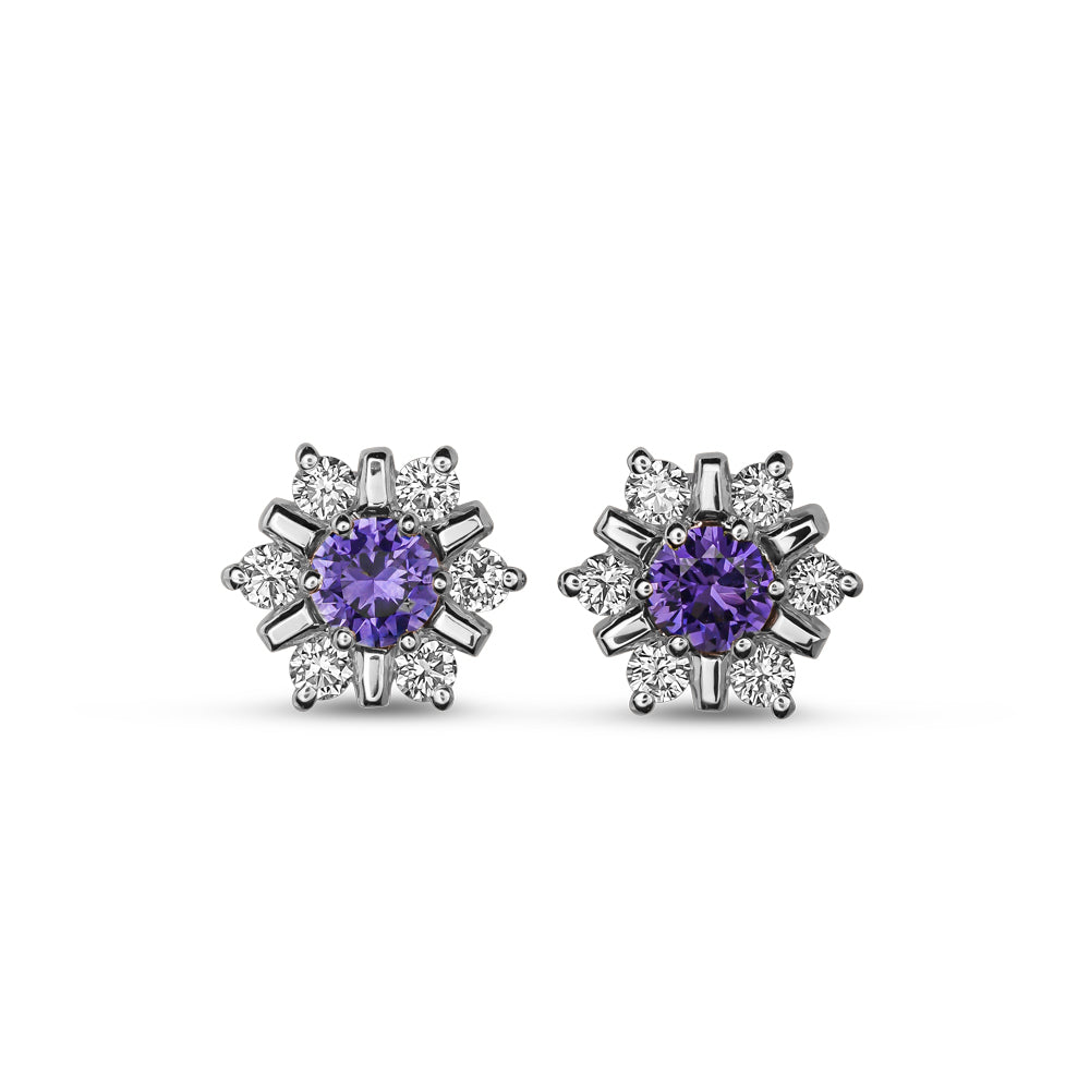 18 K WHITE GOLD snowflake design set center a purple sapphire and surrounded in diamonds carati jewelry montreal