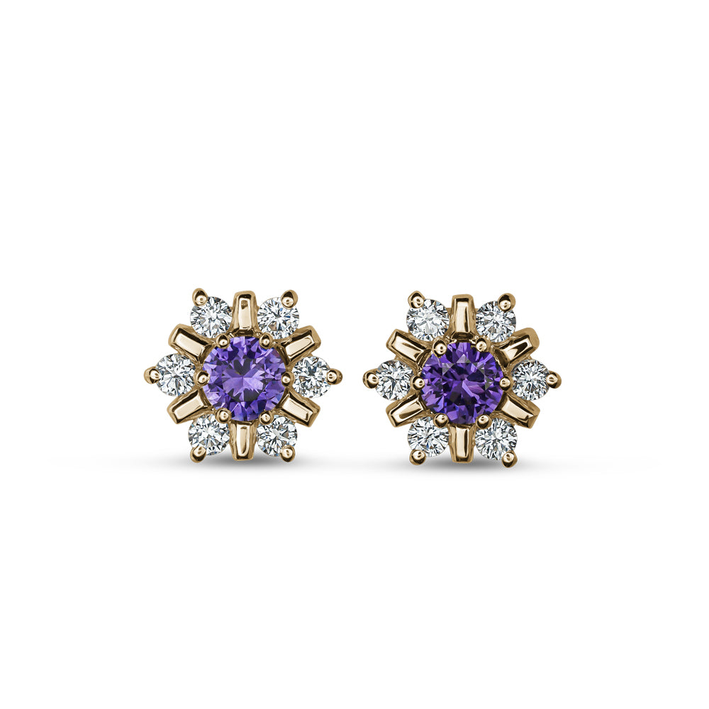 18 K yellow GOLD snowflake design set center a purple sapphire and surrounded in diamonds carati jewelry montreal